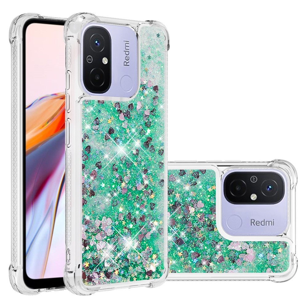 Glitter homokóra zselés tok Xiaomi Redmi 12C-hez - zöld/szívek