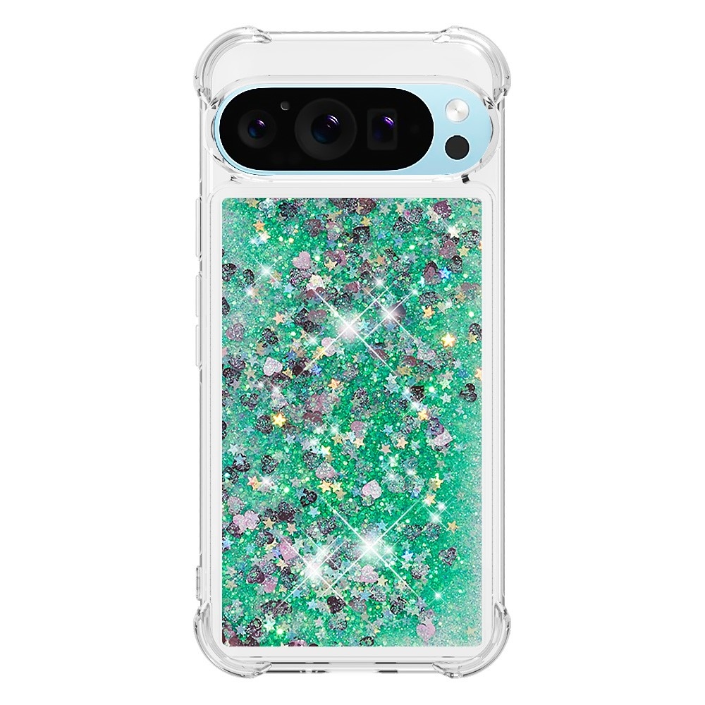 Csillogó homokóra zselés tok Google Pixel 10 Pro/Pixel 10 - zöld/szívek
