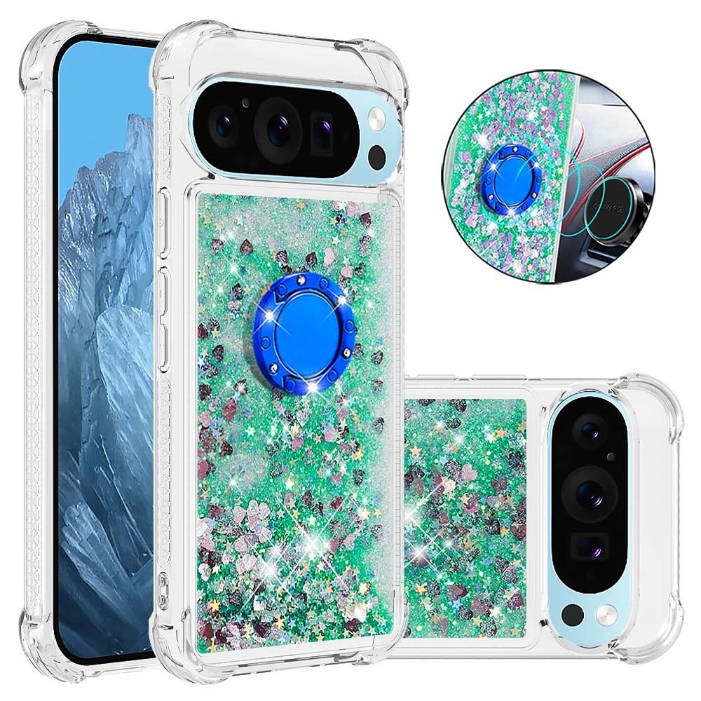 Glitt homokóra zselés tok ujjgyűrűvel a Google Pixel 10 számára - zöld/szív