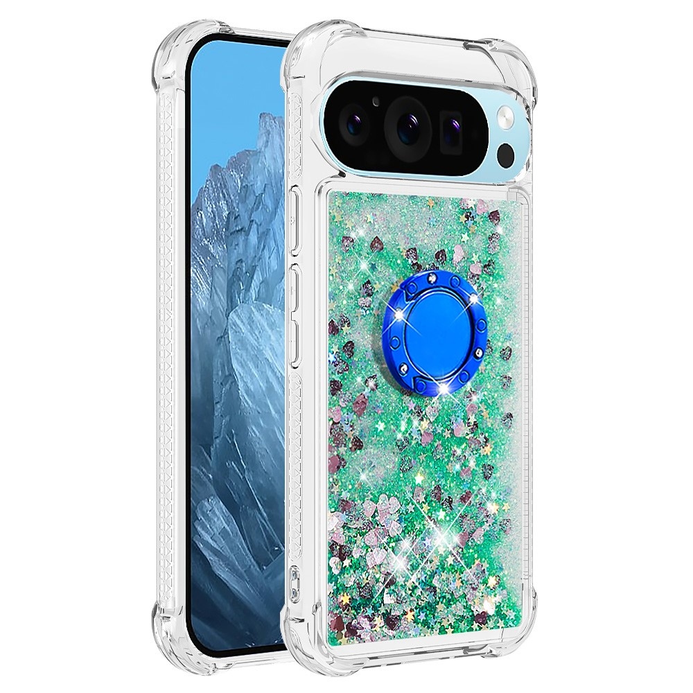 Glitt homokóra zselés tok ujjgyűrűvel a Google Pixel 10 számára - zöld/szív