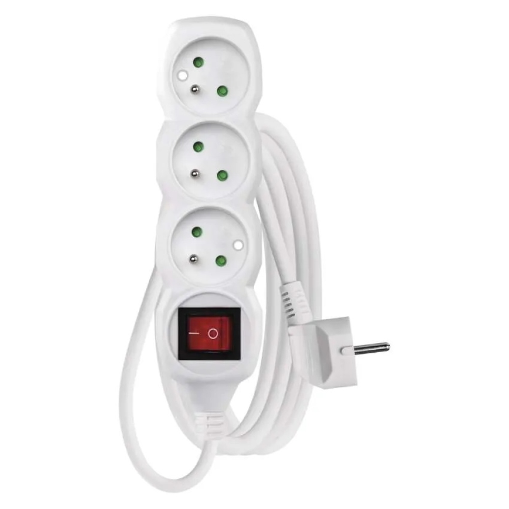 Hosszabbító kábel 2 m / 3 aljzat / kapcsolóval / fehér / PVC / 1 mm2