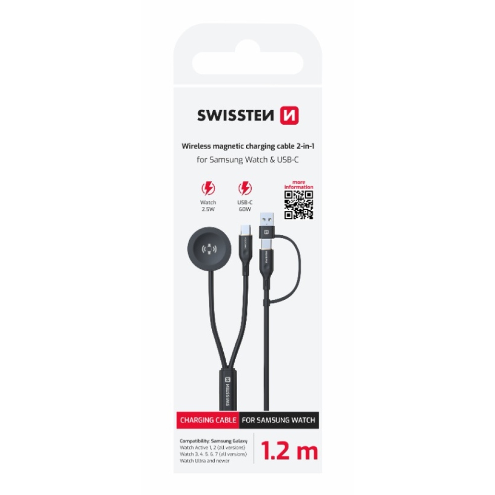 Swissten mágneses kábel 2in1 Samsung Galaxy Watch-hoz és USB-C, USB-C (USB-A), 1,5m - Fekete