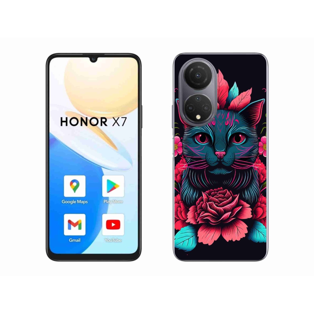Gél borító mmCase a Honor X7-hez - virágok és macska