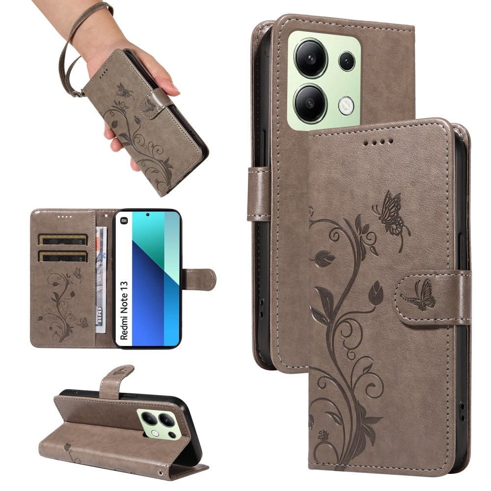 Virágos könyv tok Xiaomi Redmi Note 13-hoz - szürke