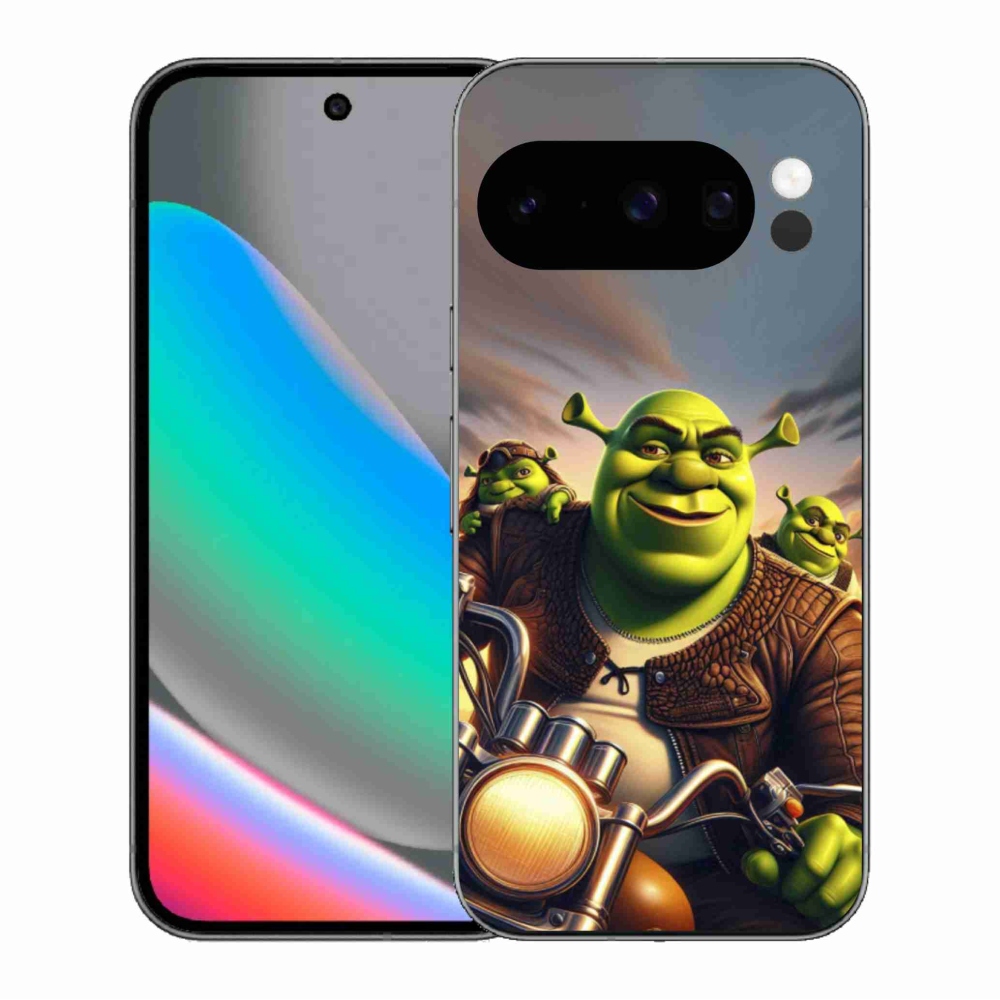 Zselés borítás mmCase a Google Pixel 10 Pro számára - Shrek egy motorkerékpáron