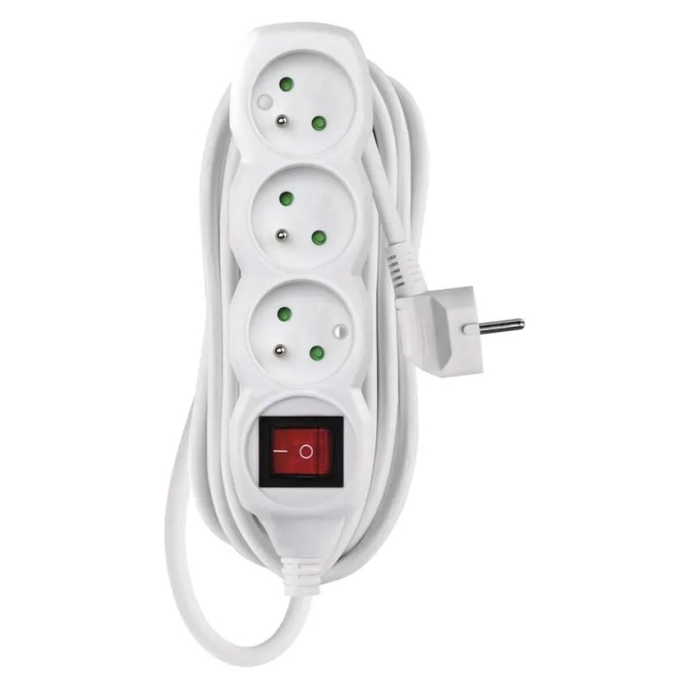 Hosszabbító kábel 5 m / 3 aljzat / kapcsolóval / fehér / PVC / 1 mm2
