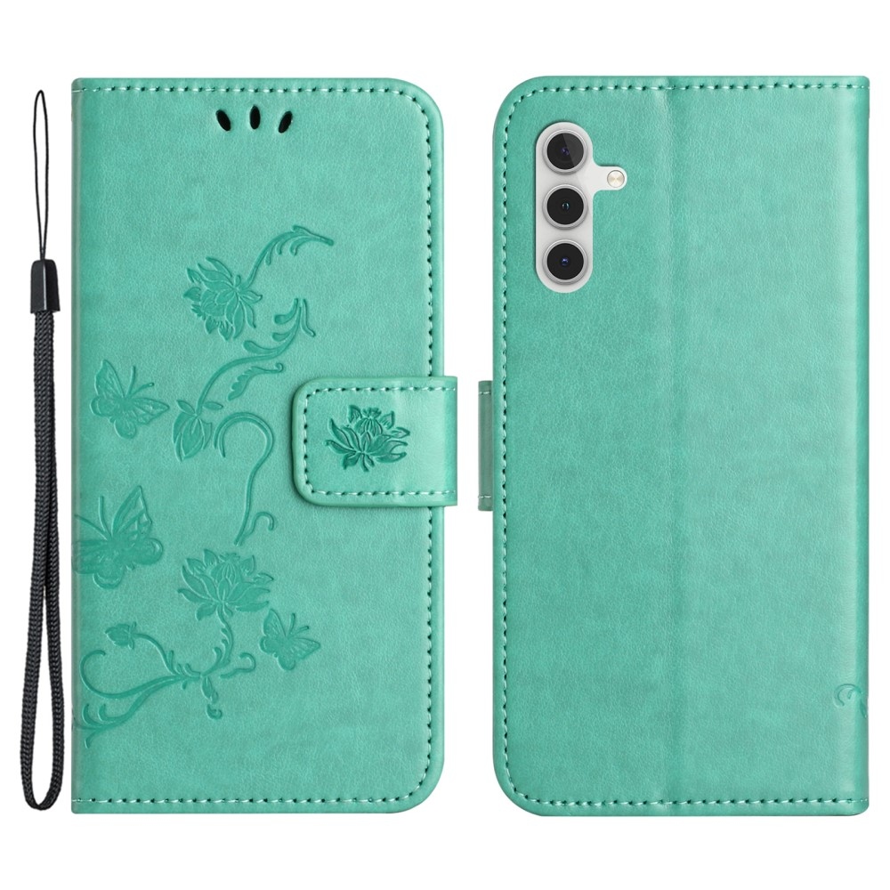 Virágos könyvtáska Samsung Galaxy S24 FE készülékhez - kékeszöld színű