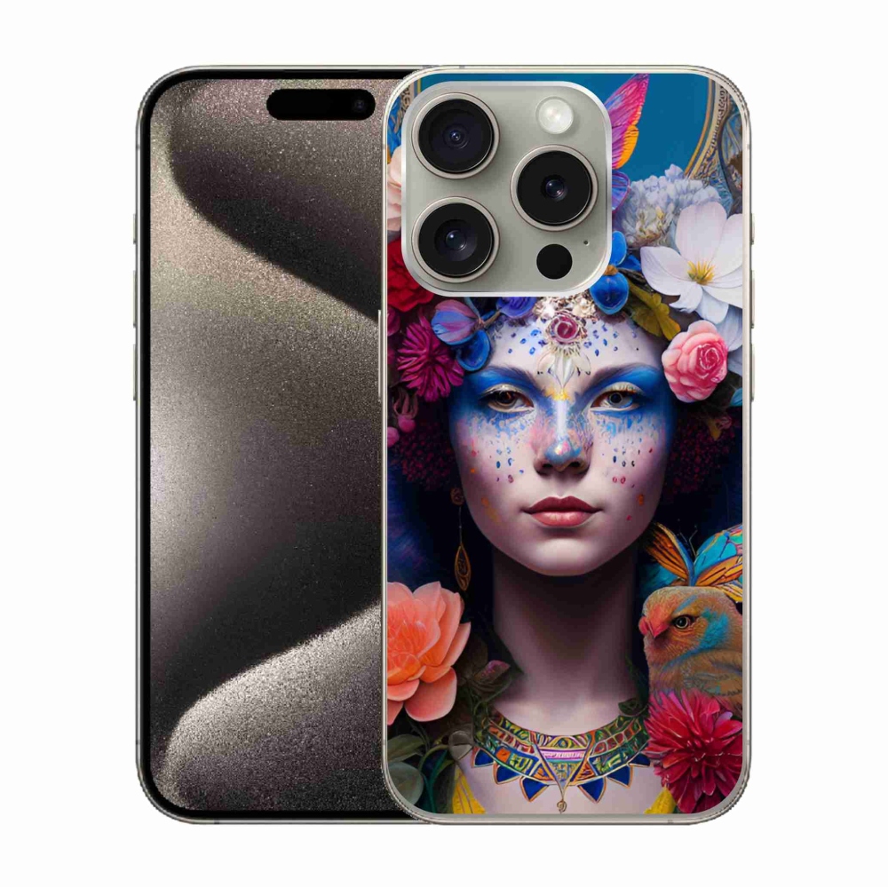 Gél borítás mmCase iPhone 15 Pro készülékhez - nő virágokkal