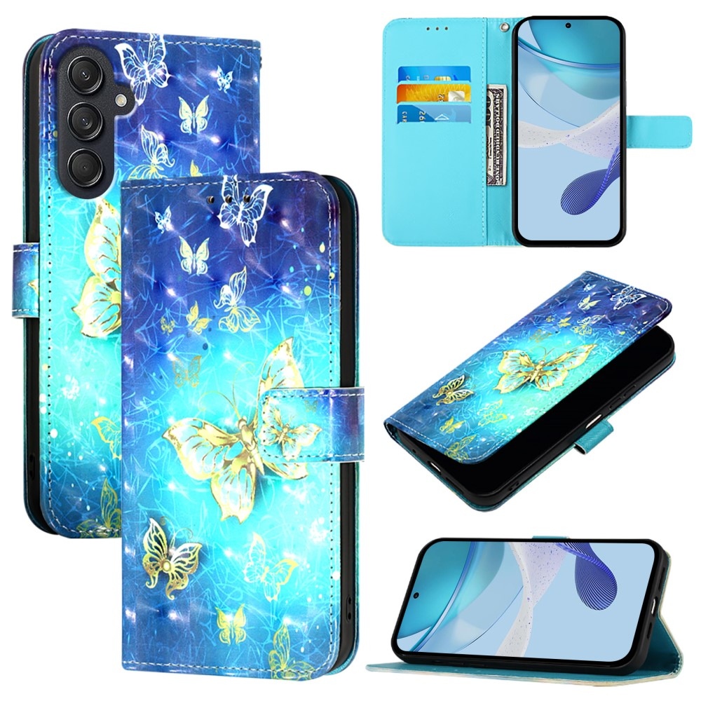 Patte könyv tok Samsung Galaxy M55 5G - kék és arany pillangókhoz