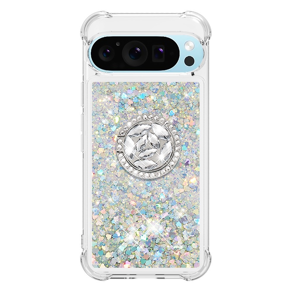 Glitt homokóra zselés tok ujjgyűrűvel a Google Pixel 10 számára - ezüst/szív