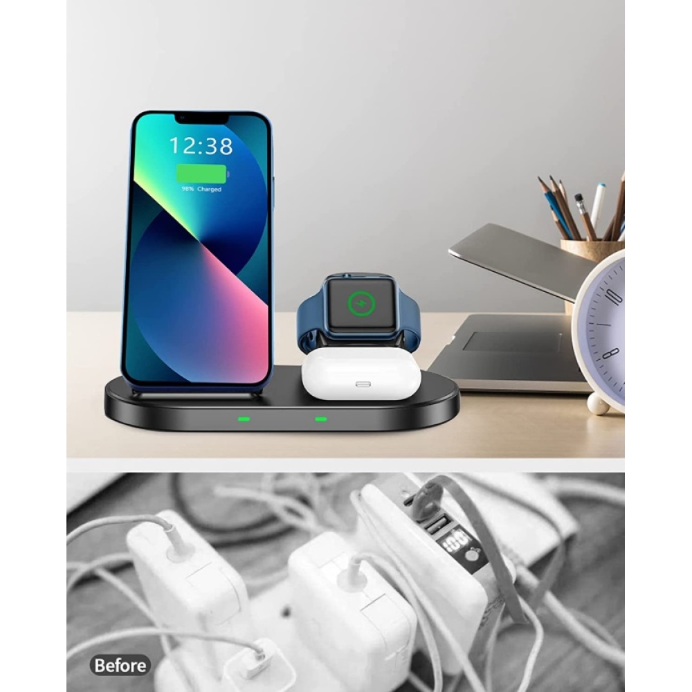 Swissten 3in1 állomás vezeték nélküli töltő az Apple és a Samsung számára - fekete színű