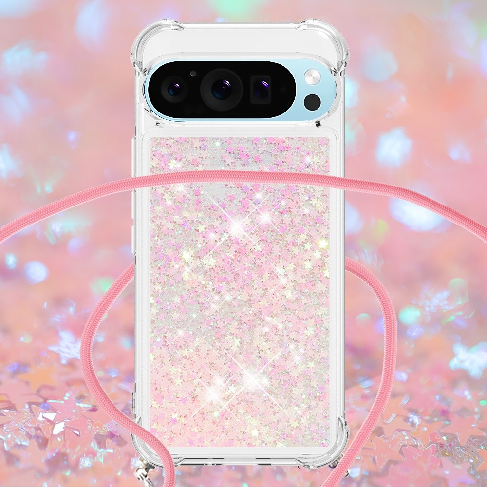 Csillogó homokóra zselés tok zsinórral a Google Pixel 10 Pro/Pixel 10 számára - rózsaszín/csillagok