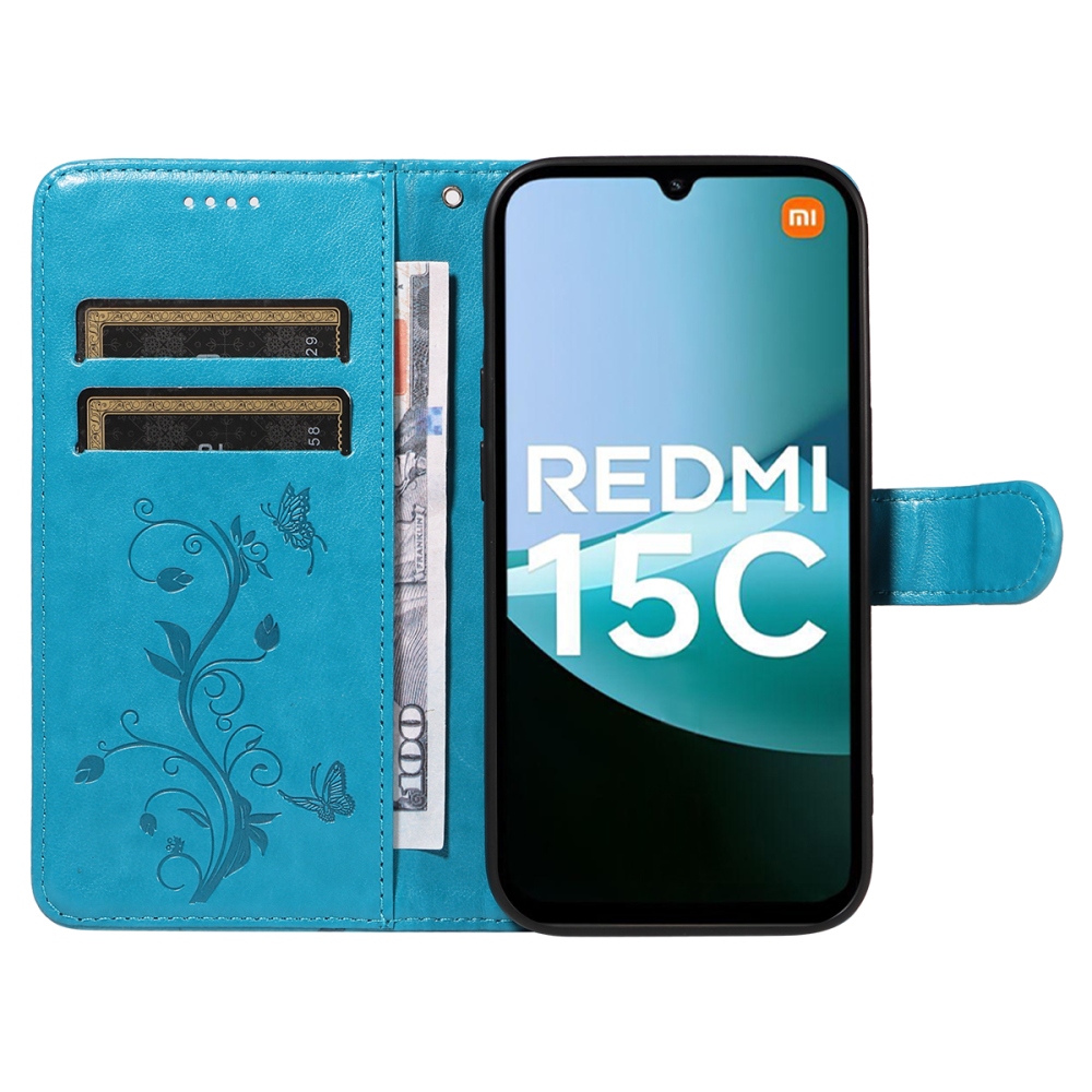 Virágok könyv tok Xiaomi Redmi 15C 4G/5G (173mm) - kék