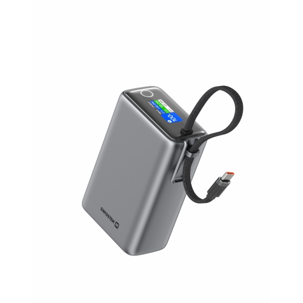 Swissten Travel Powerbank 25000 mAh (96.25Wh) 100 W integrált USB-C kábellel - szürke