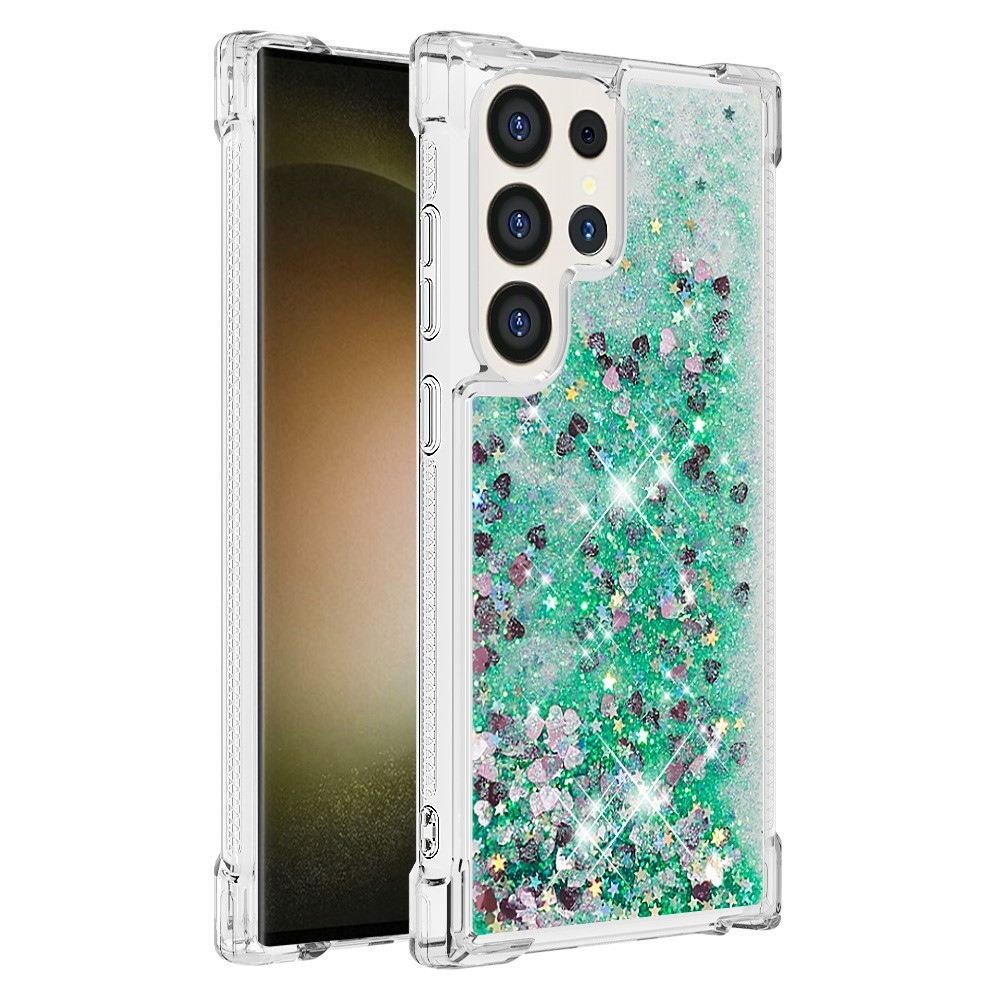 Glitter homokóra zselés tok Samsung Galaxy S24 Ultra készülékhez - zöld/szívek