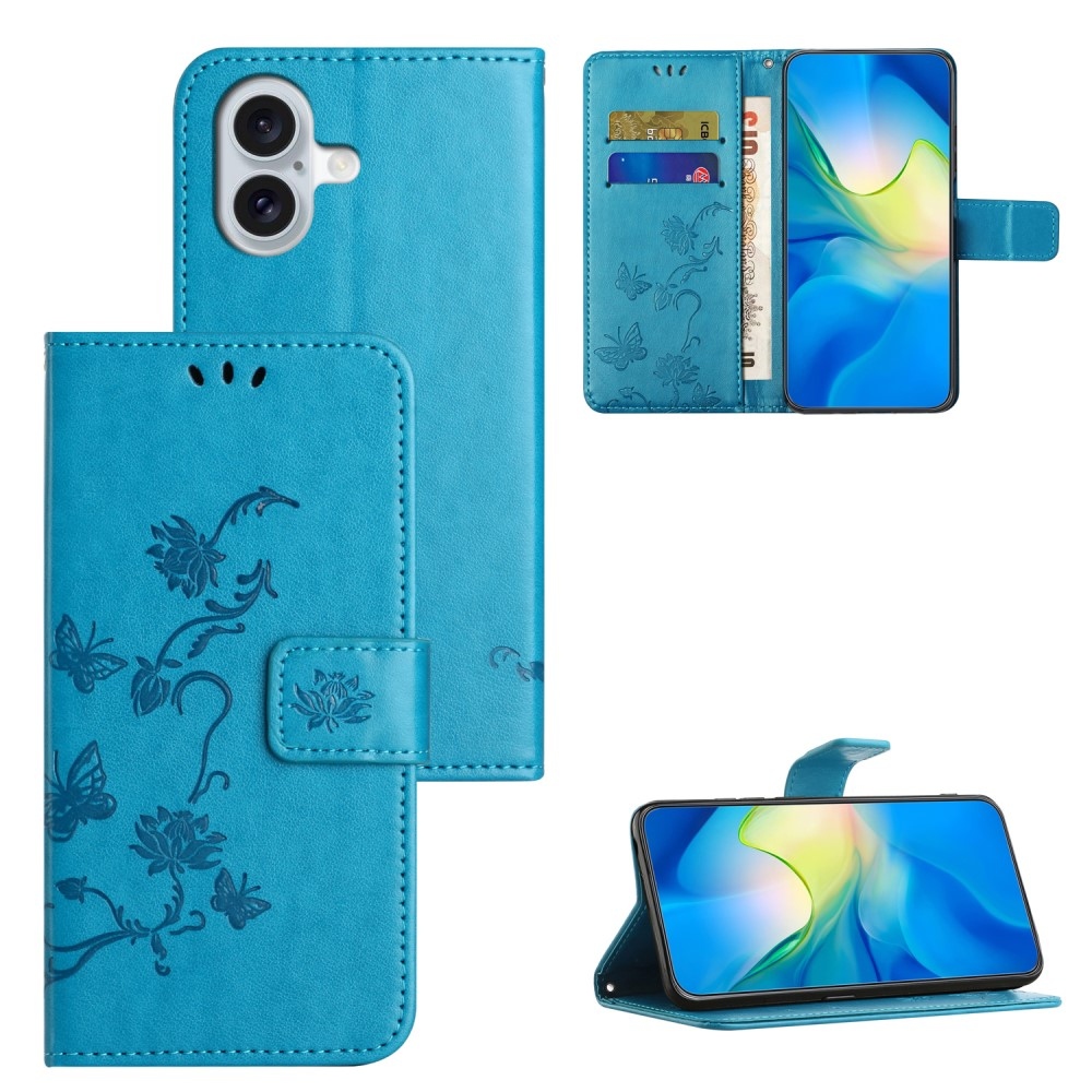 Virágos könyvtáska iPhone 16 Plus készülékhez - kék