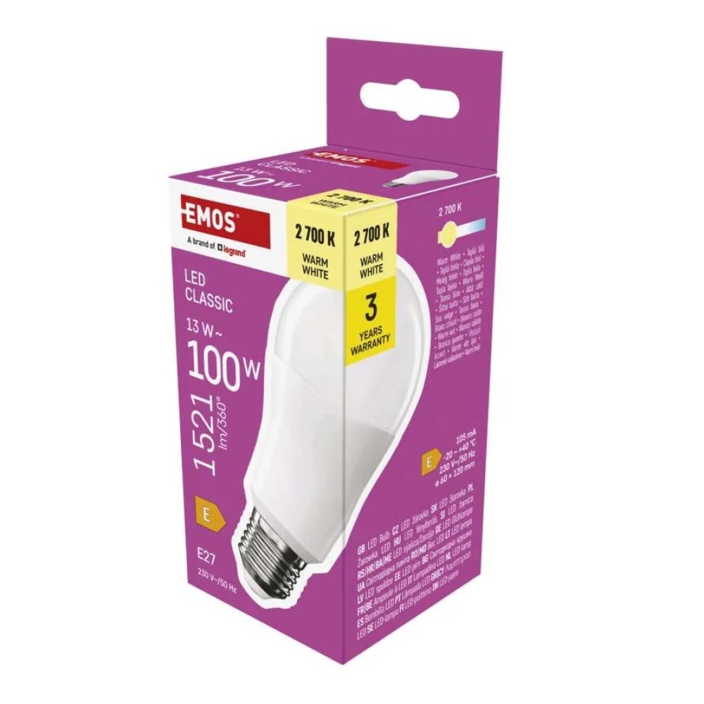 LED izzó Classic A60 / E27 / 13 W (100 W) / 1521 lm / meleg fehér