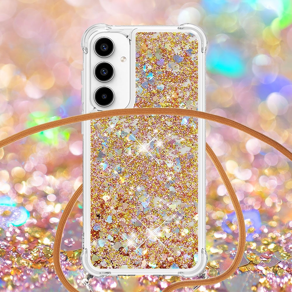 Csillogó homokóra zselés tok húzózsinórral Samsung Galaxy A56 5G - arany/szív