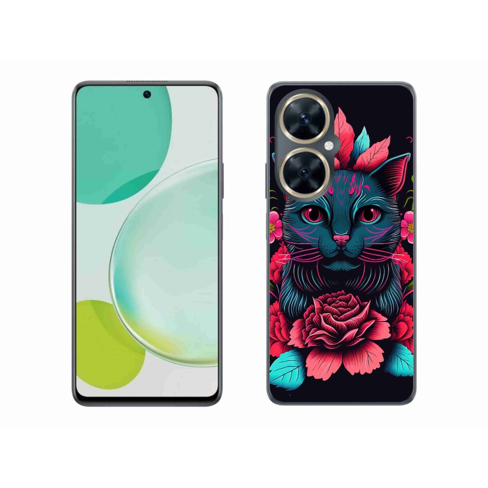 Gél borító mmCase a Huawei Nova 11i készülékhez - virágok és macska