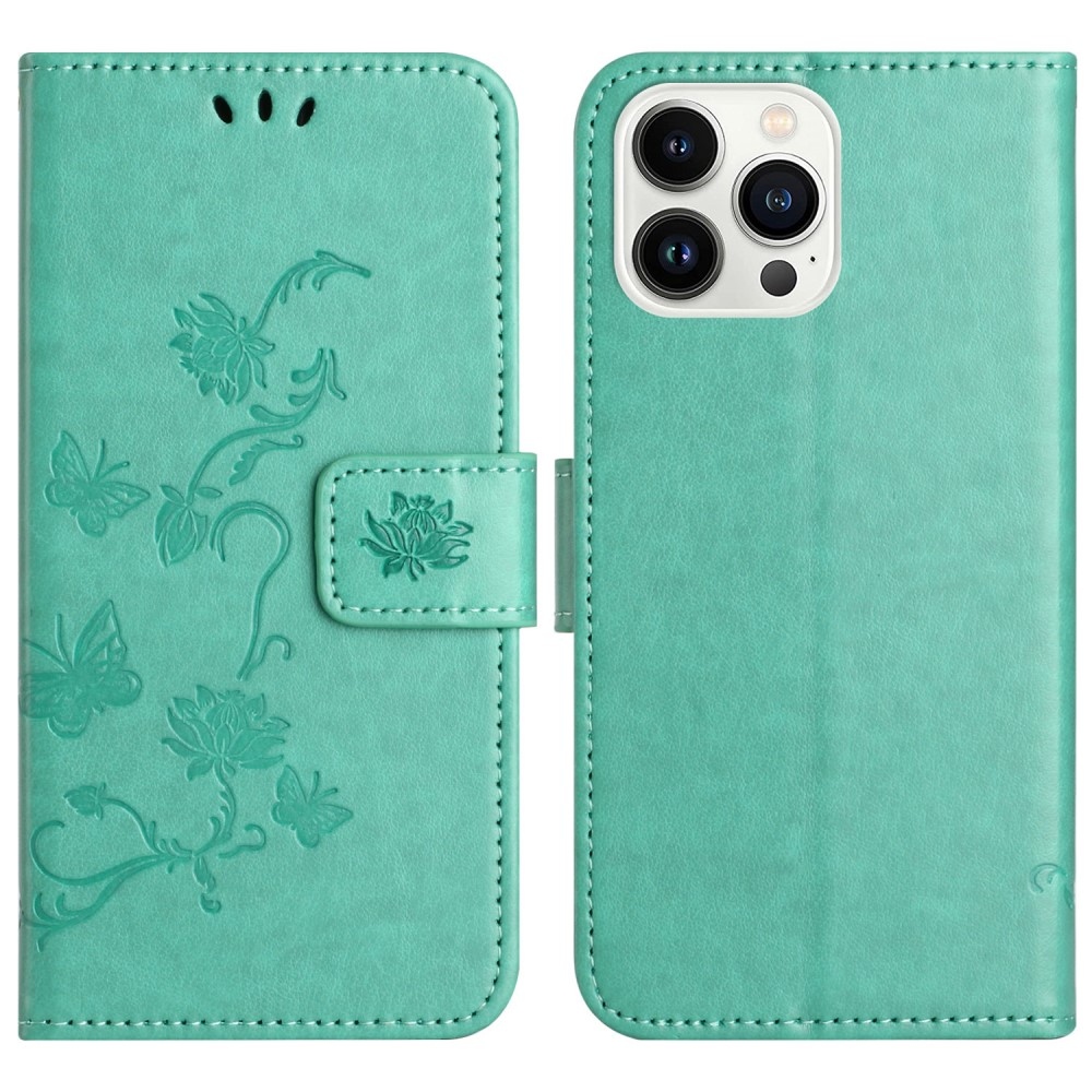Virágos könyvtáska iPhone 16 Pro készülékhez - teal színű