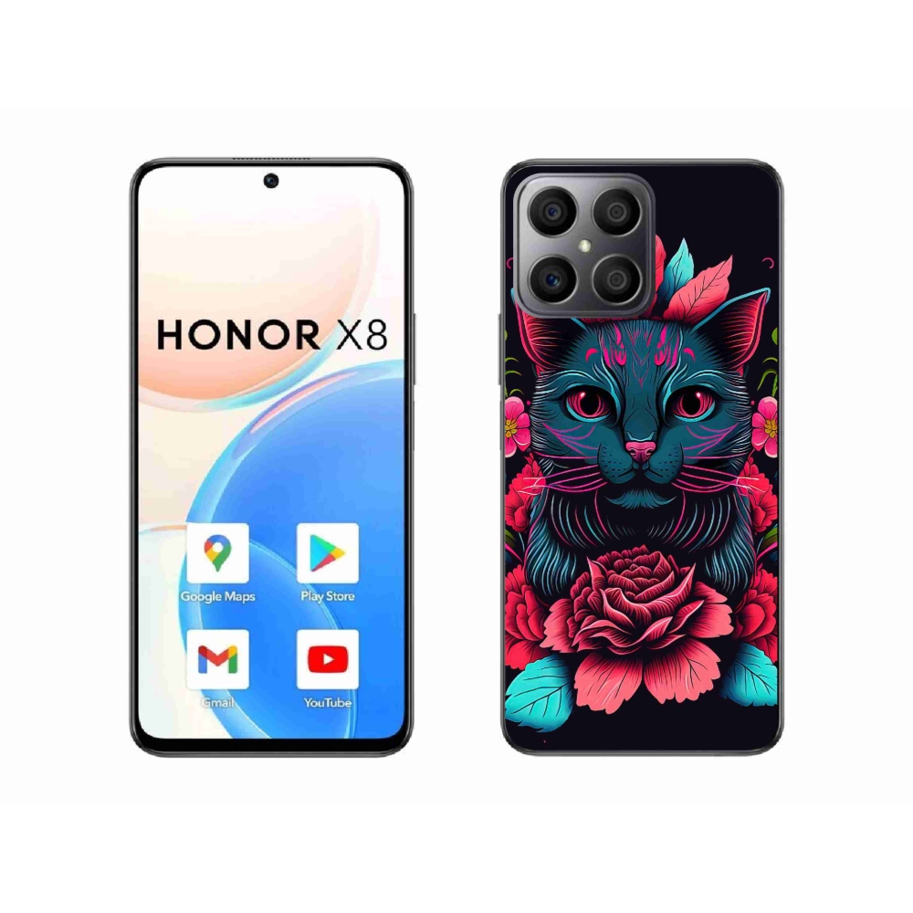 Gél borító mmCase a Honor X8-hoz - virágok és macska