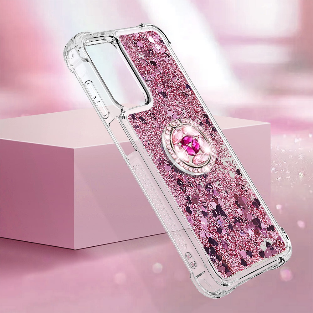Glitt homokóra zselés tok ujjgyűrűvel Samsung Galaxy A17 5G-hez - rózsaarany/szív