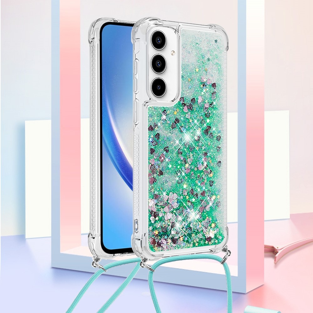 Csillogó homokóra zselés tok húzózsinórral Samsung Galaxy A56 5G - zöld/szív