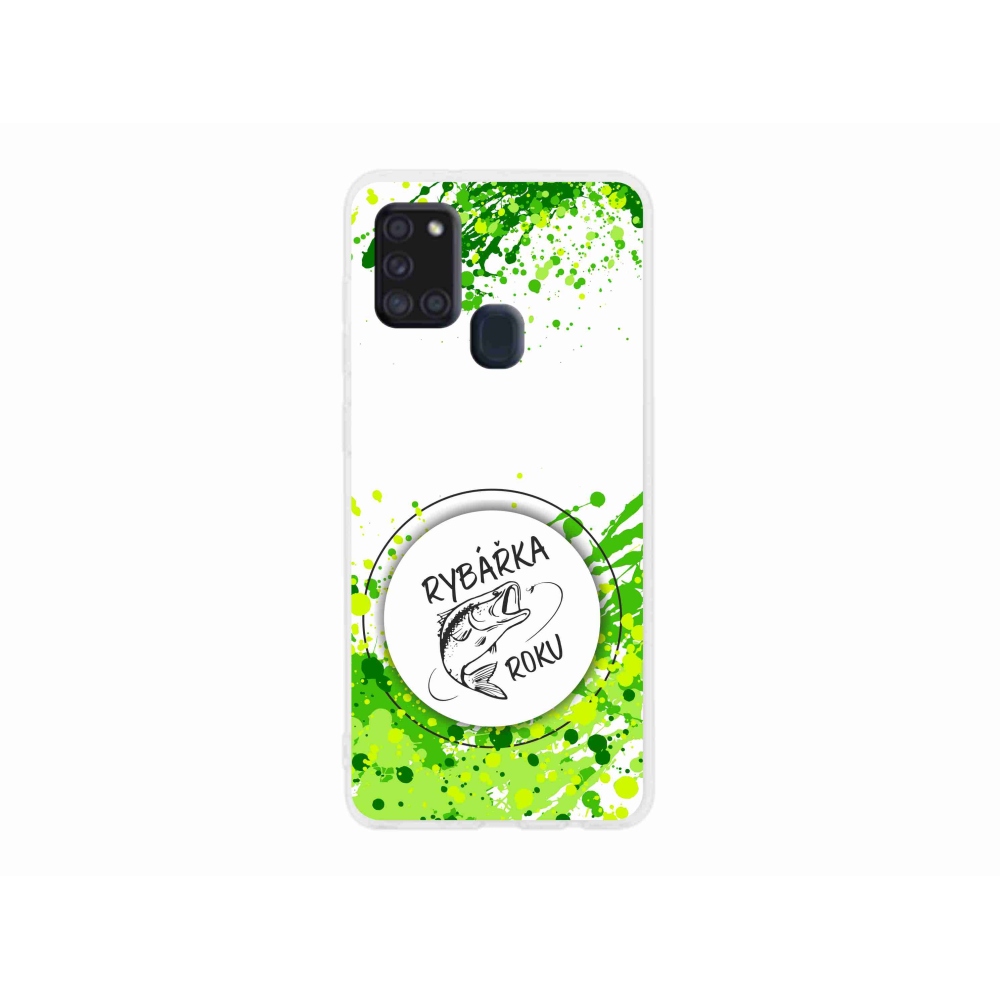 Zselés borító mmCase Samsung Galaxy A21s készülékhez - az év horgásza fehér háttérrel