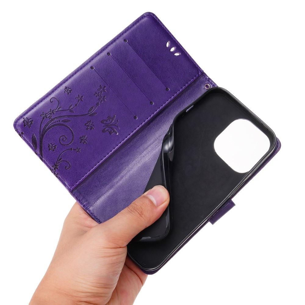 Virágok könyvtáska iPhone 15 Pro készülékhez - sötétlila