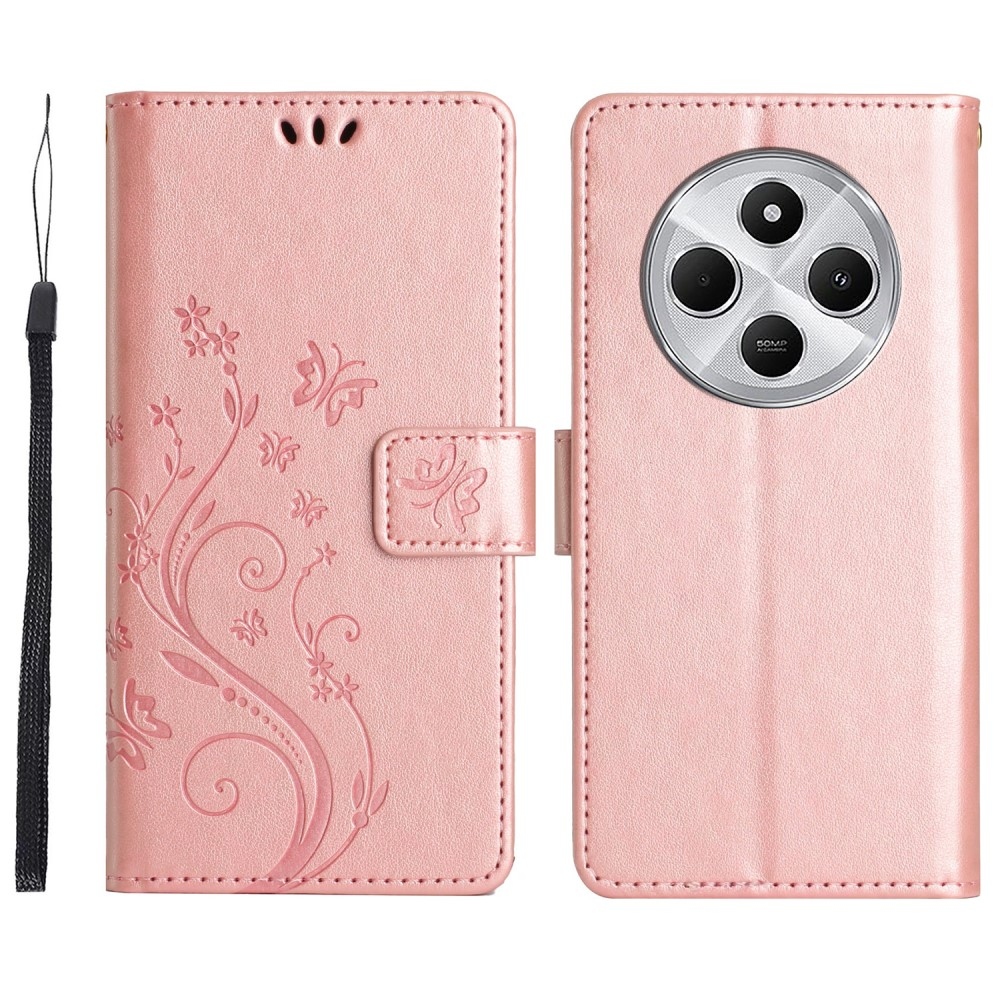 Virágok könyv tok Xiaomi Redmi 14C/Poco C75-hez - rózsa arany