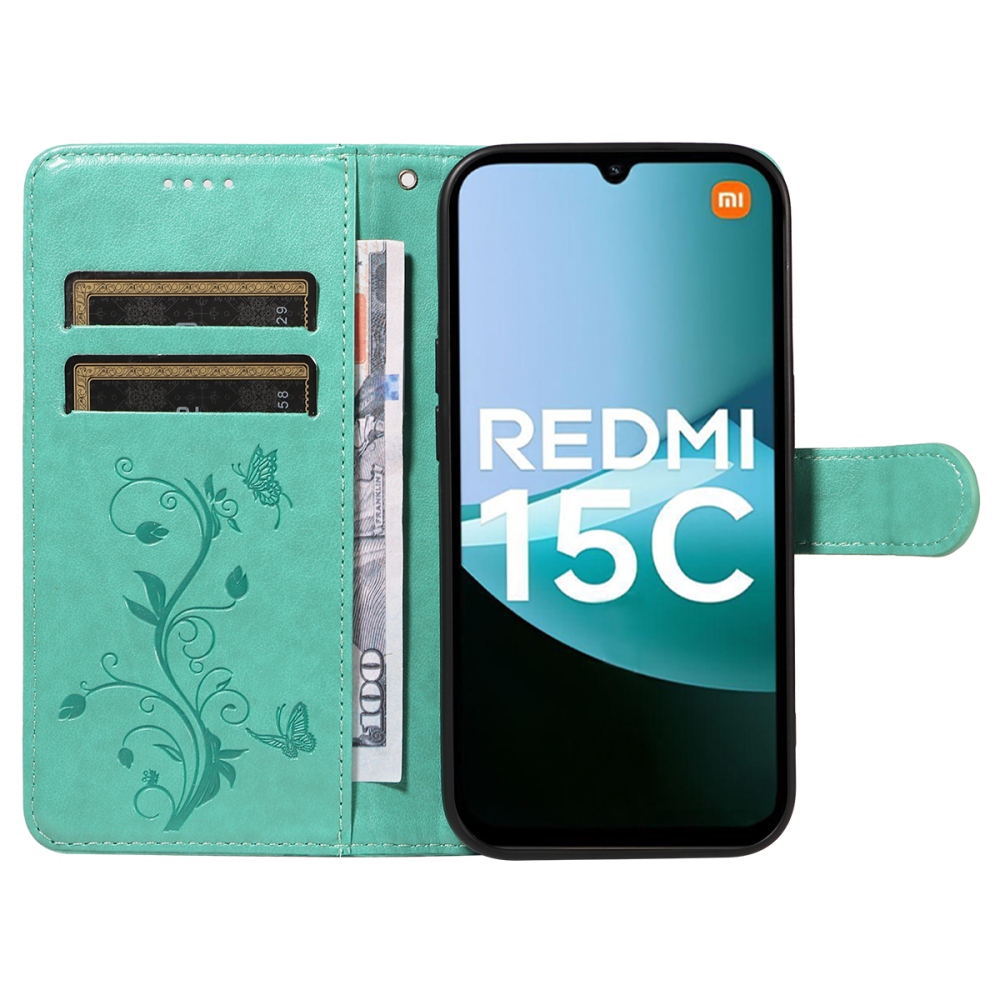 Virágok könyv tok Xiaomi Redmi 15C 4G/5G (173mm) - teáskék színben