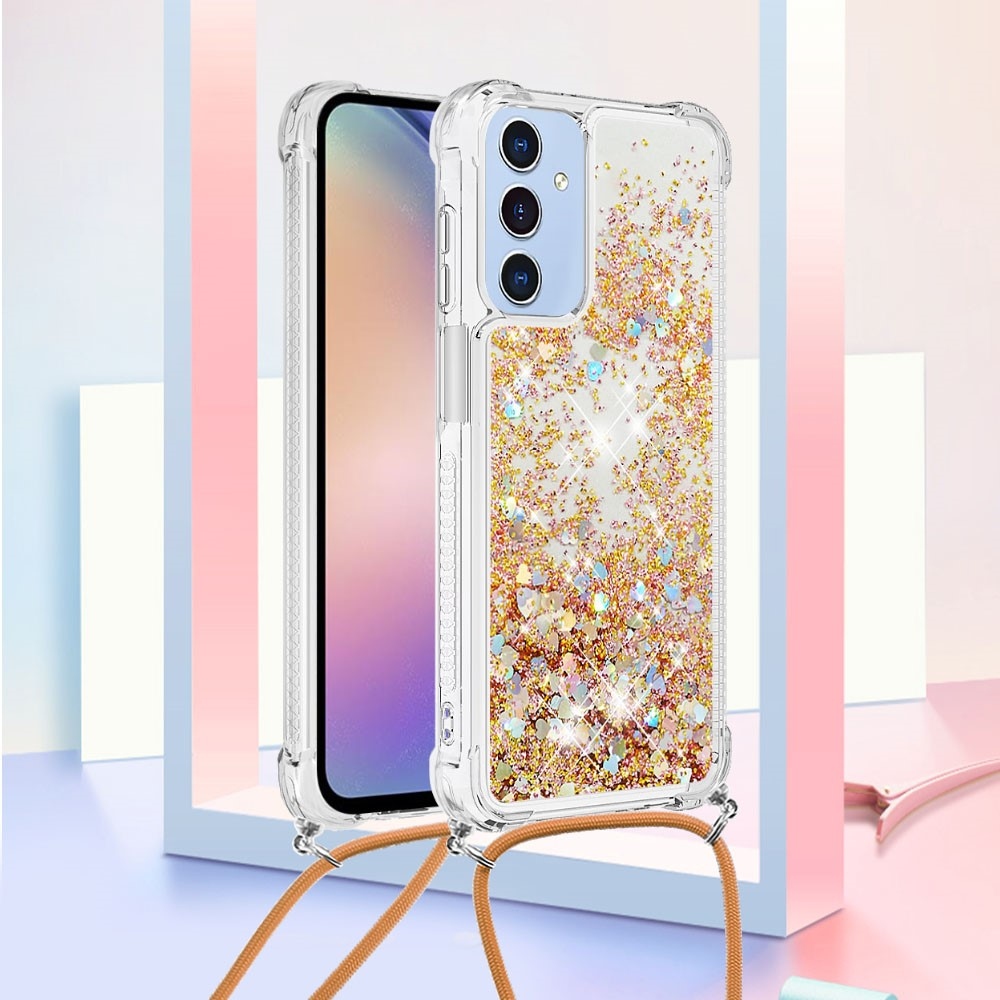 Csillogó homokóra zselés tok húzózsinórral Samsung Galaxy A26 5G - arany/szív