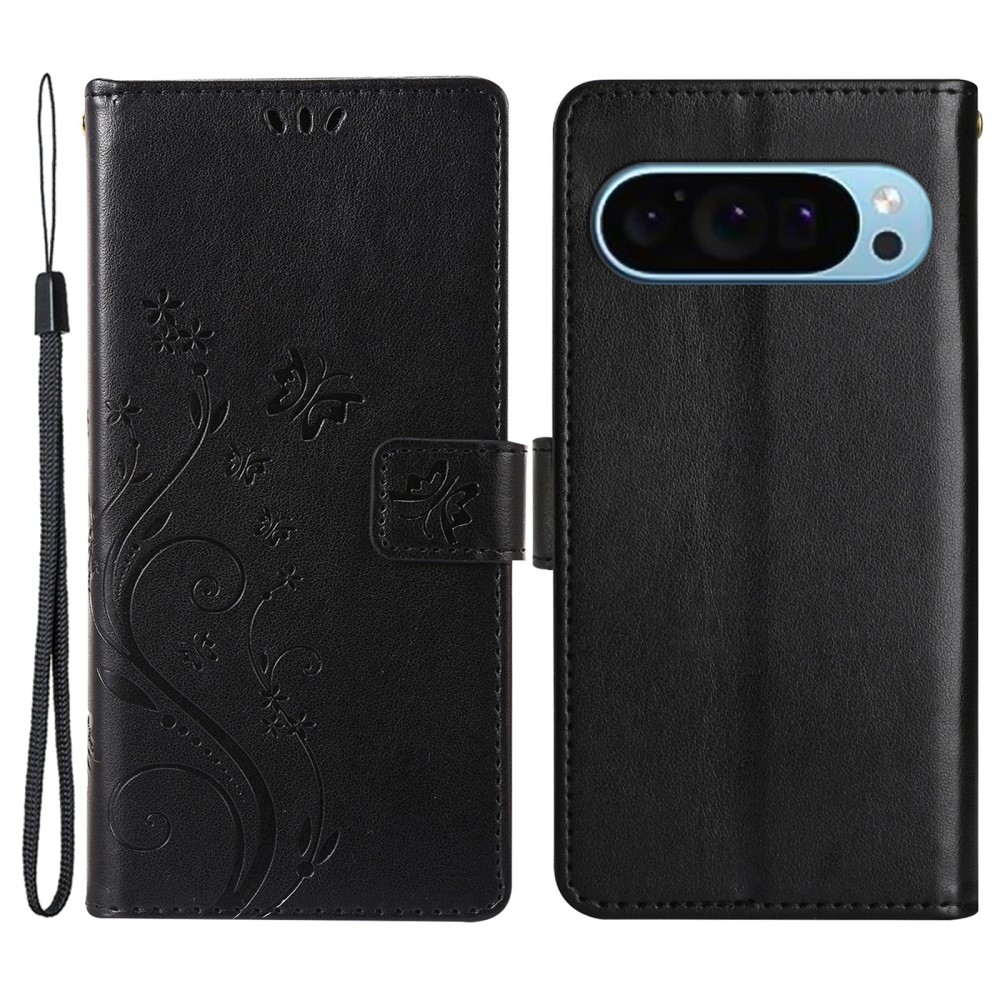 Virágos könyvtáska Google Pixel 9/9 Pro készülékhez - fekete