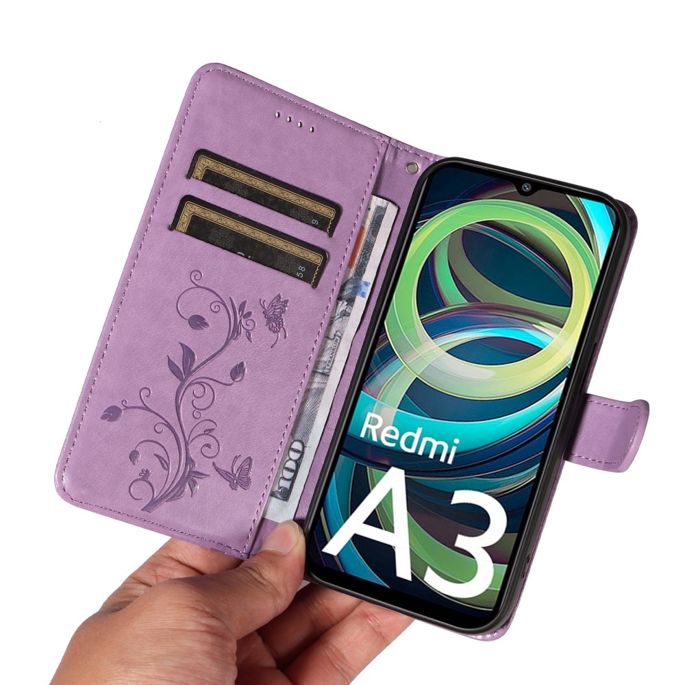 Virágok könyv tok Xiaomi Redmi A3-hoz - lila