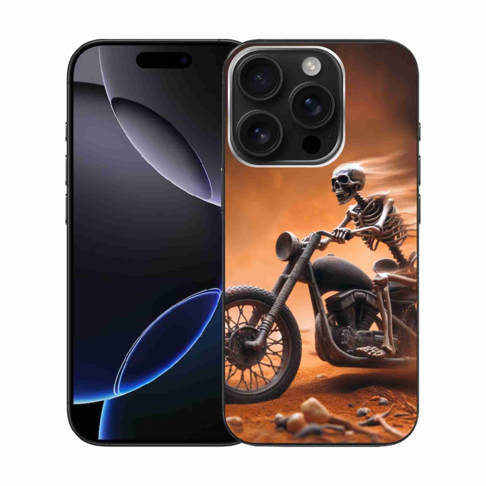 Zselés borítás mmCase iPhone 16 Pro készülékhez - csontváz egy motorkerékpáron