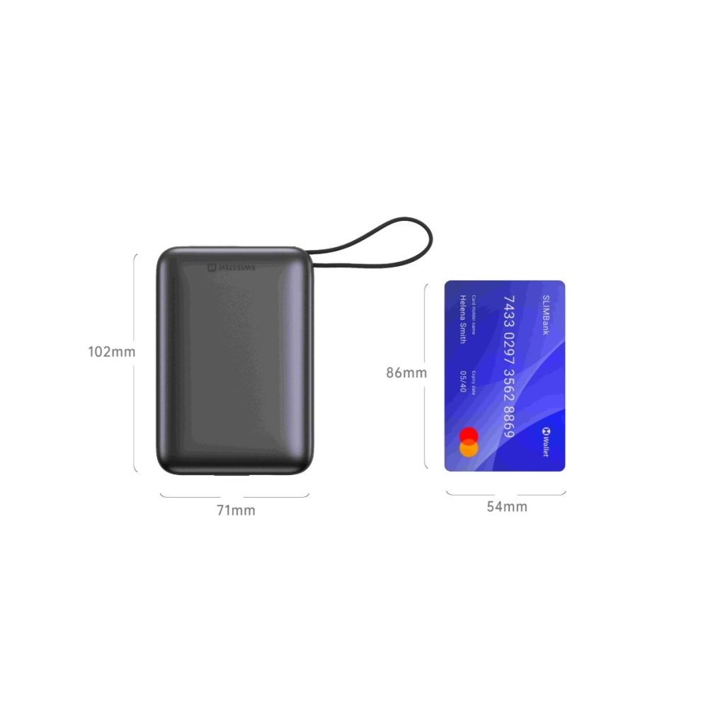Swissten Powerbank integrált USB-C és Lightning kábelekkel, 20000 mAh - ezüst