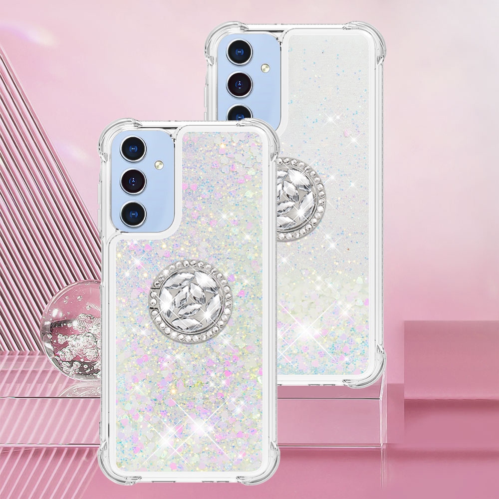 Glitt homokóra zselés tok ujjgyűrűvel Samsung Galaxy A17 5G-hez - rózsaszín/ezüst/szívecske