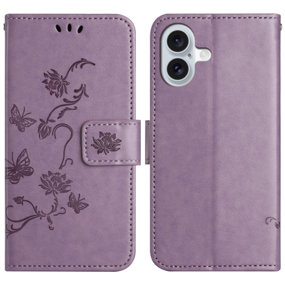 Virágos könyvtáska iPhone 16 Plus készülékhez - világos lila