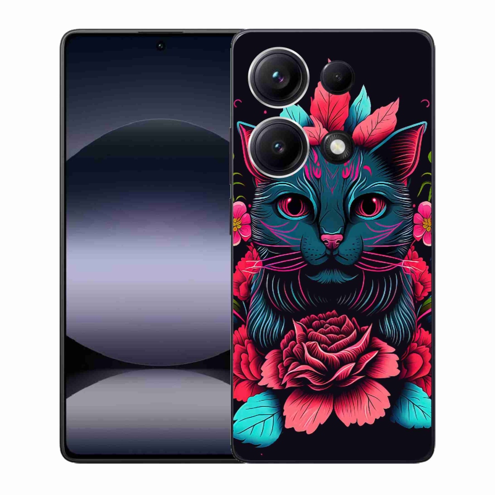 Gél borító mmCase a Xiaomi Redmi Note 14S számára - virágok és macska