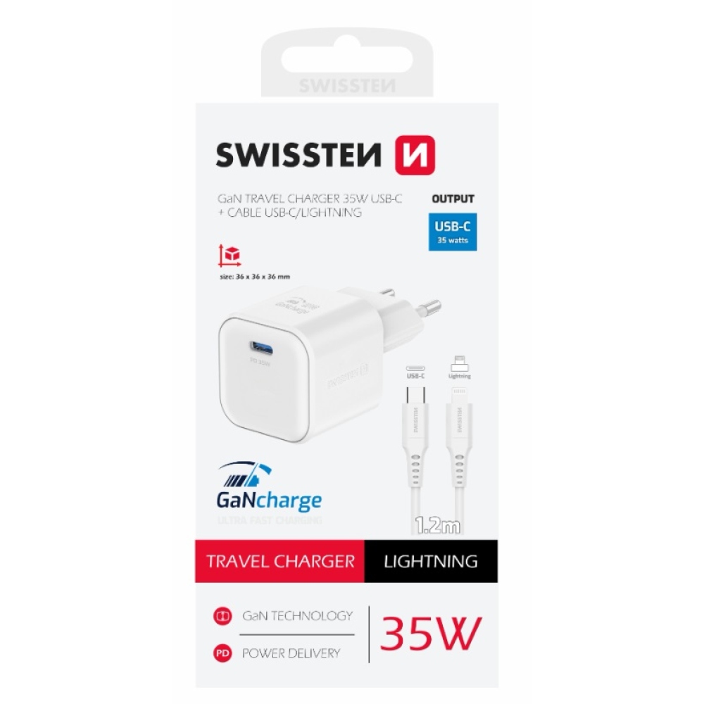 Swissten GaN 1x USB-C 35W tápegység + USB-C/Lightning kábel 1.2m - fehér