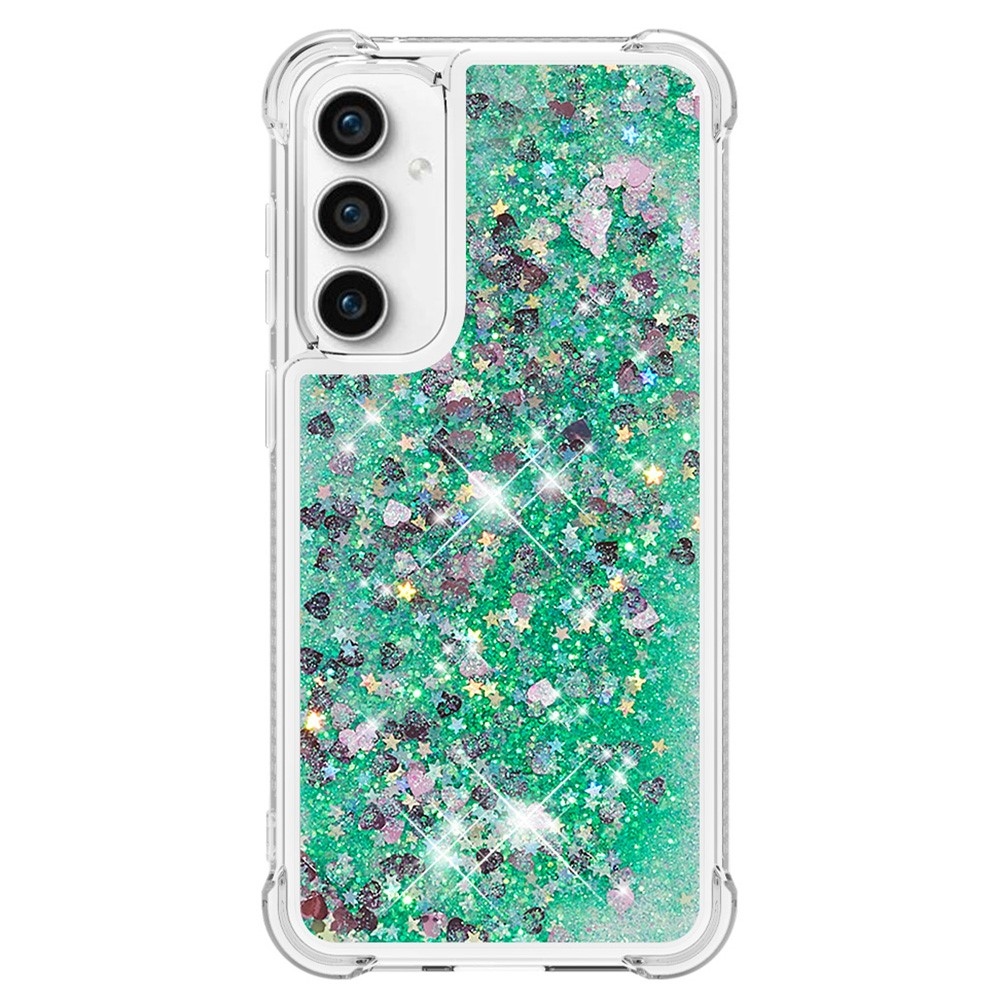 Glitter zselés homokóra hüvely Samsung Galaxy S23 FE készülékhez - zöld/szívek