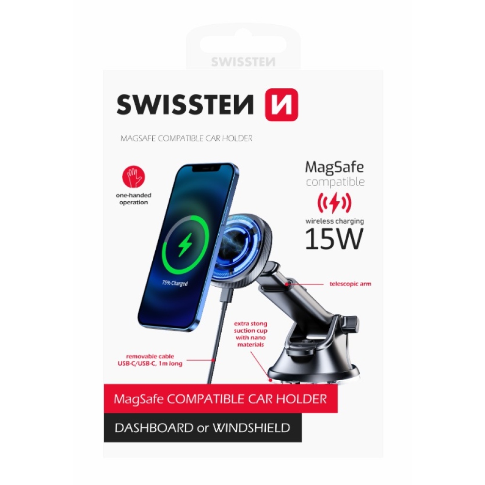 Swissten mágneses műszerfali tartó 15W-os vezeték nélküli töltéssel és MagSafe-rel