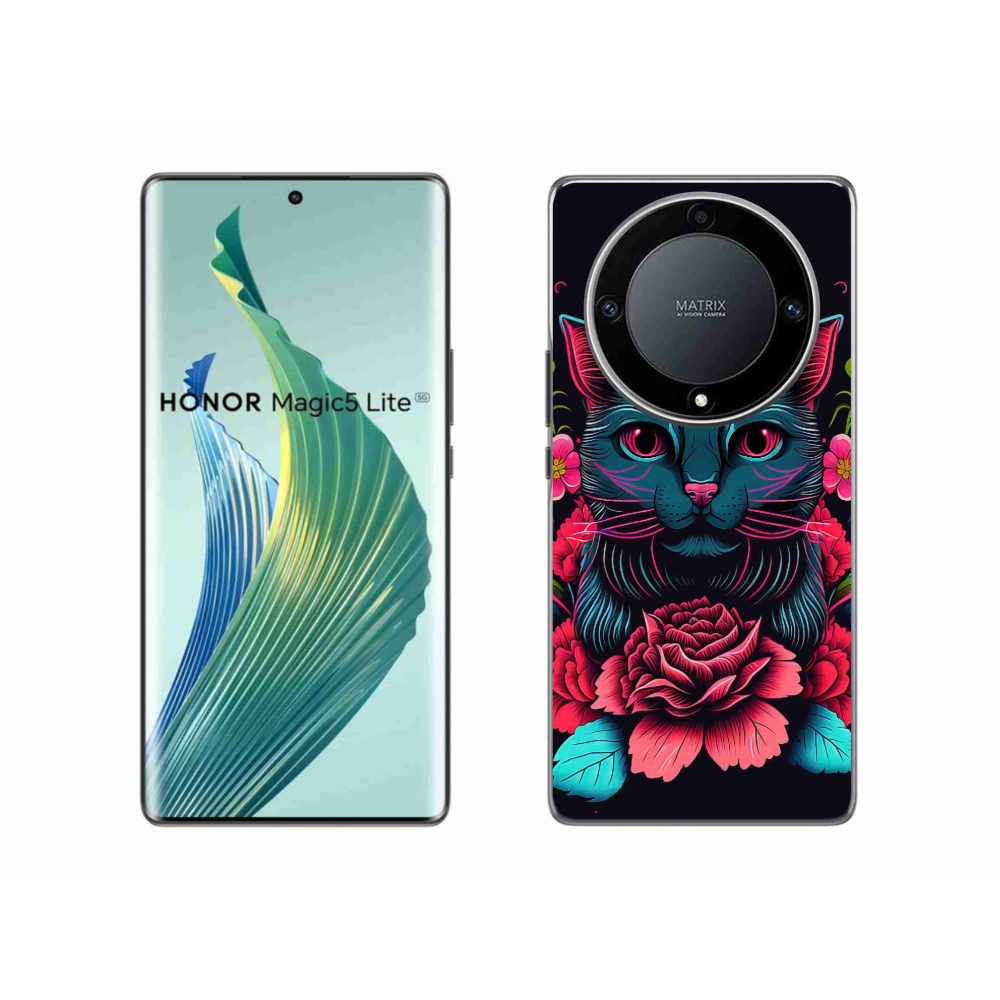 Gél borító mmCase a Honor Magic 5 Lite 5G számára - virágok és macska