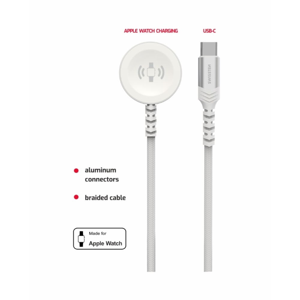 Swissten fonott fém mágneses kábel Apple Watch-hoz, USB-C 1,2 m - fehér