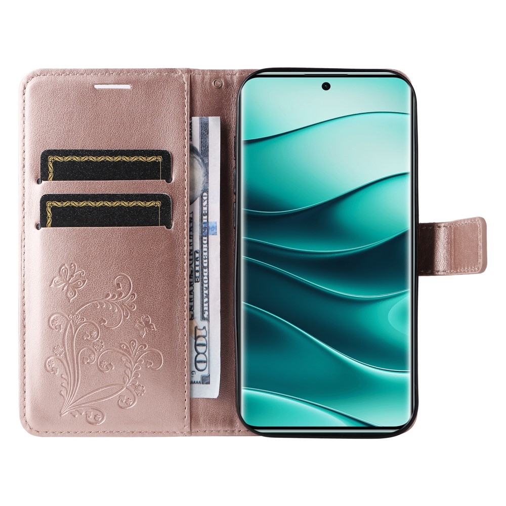 Nagy pillangó könyv tok Xiaomi Redmi Note 14 Pro 5G/Poco X7 5G/Note 14 Pro+ 5G - rózsa arany