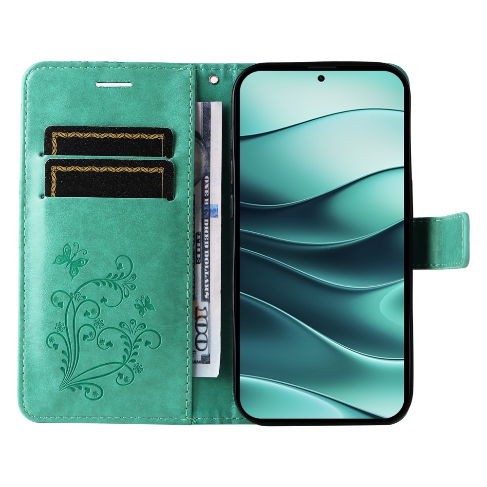 Nagy pillangó könyv tok a Xiaomi Redmi Note 14 5G-hez - teal színű