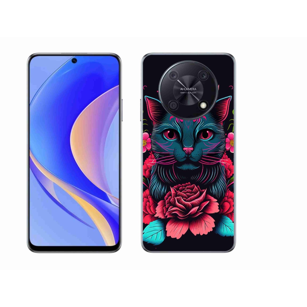 Gél borító mmCase a Huawei Nova Y90 készülékhez - virágok és macska