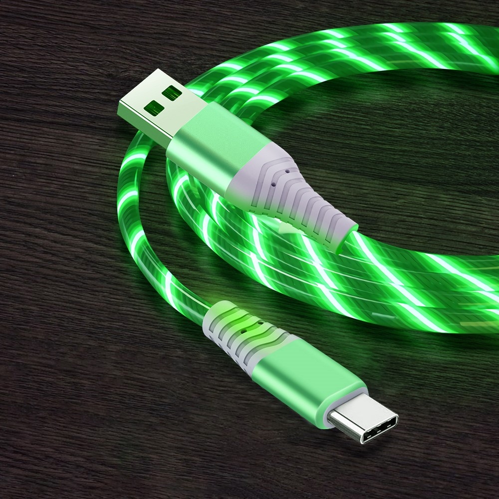 LED világítású USB kábel Type-C 3A töltéshez és szinkronizáláshoz 1m - zöld színű