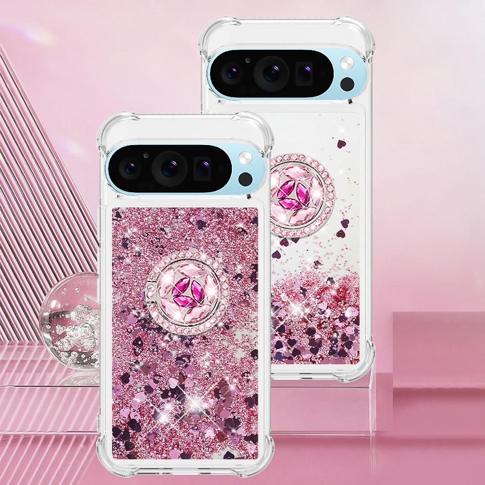 Glitt homokóra zselés tok ujjgyűrűvel a Google Pixel 10 számára - rózsaarany/szív