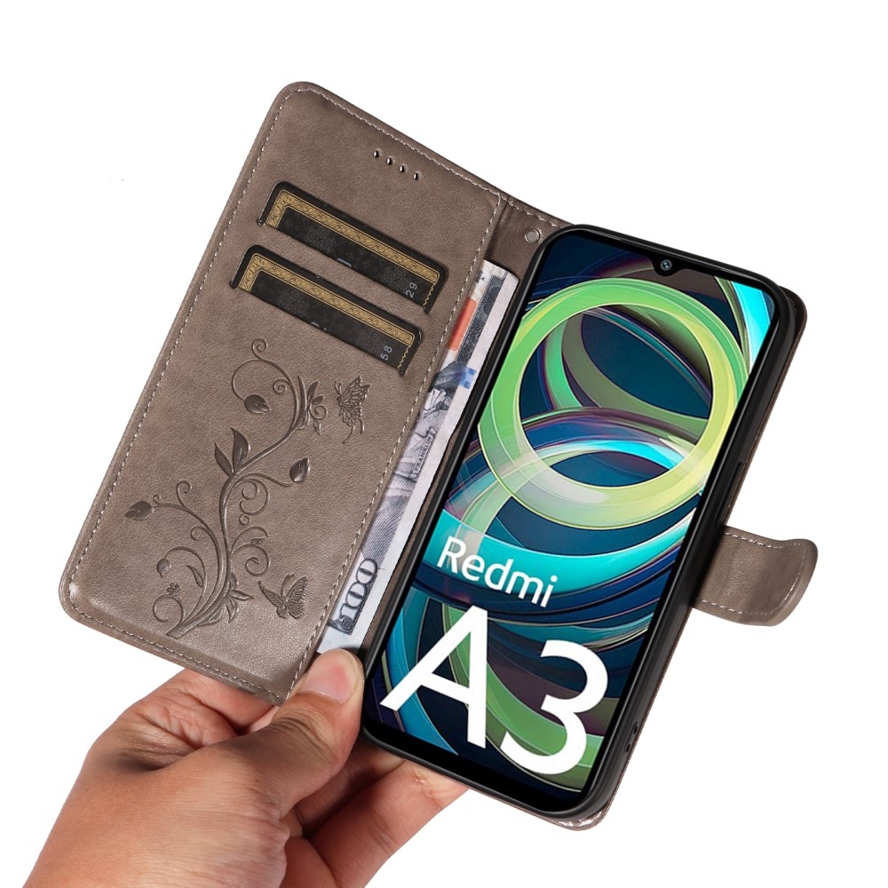 Virágok könyv tok Xiaomi Redmi A3-hoz - szürke